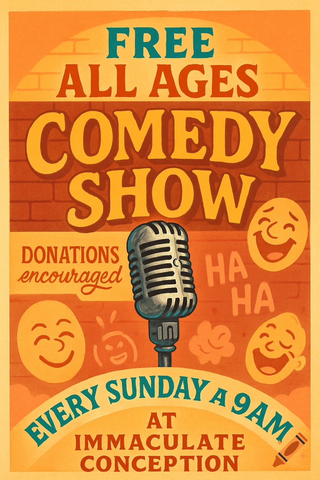 Retro-style poster for a 'Free All Ages Comedy Show' featuring a microphone and laughing faces, with text 'Every Sunday at 9 AM at Immaculate Conception' and 'Donations encouraged'.