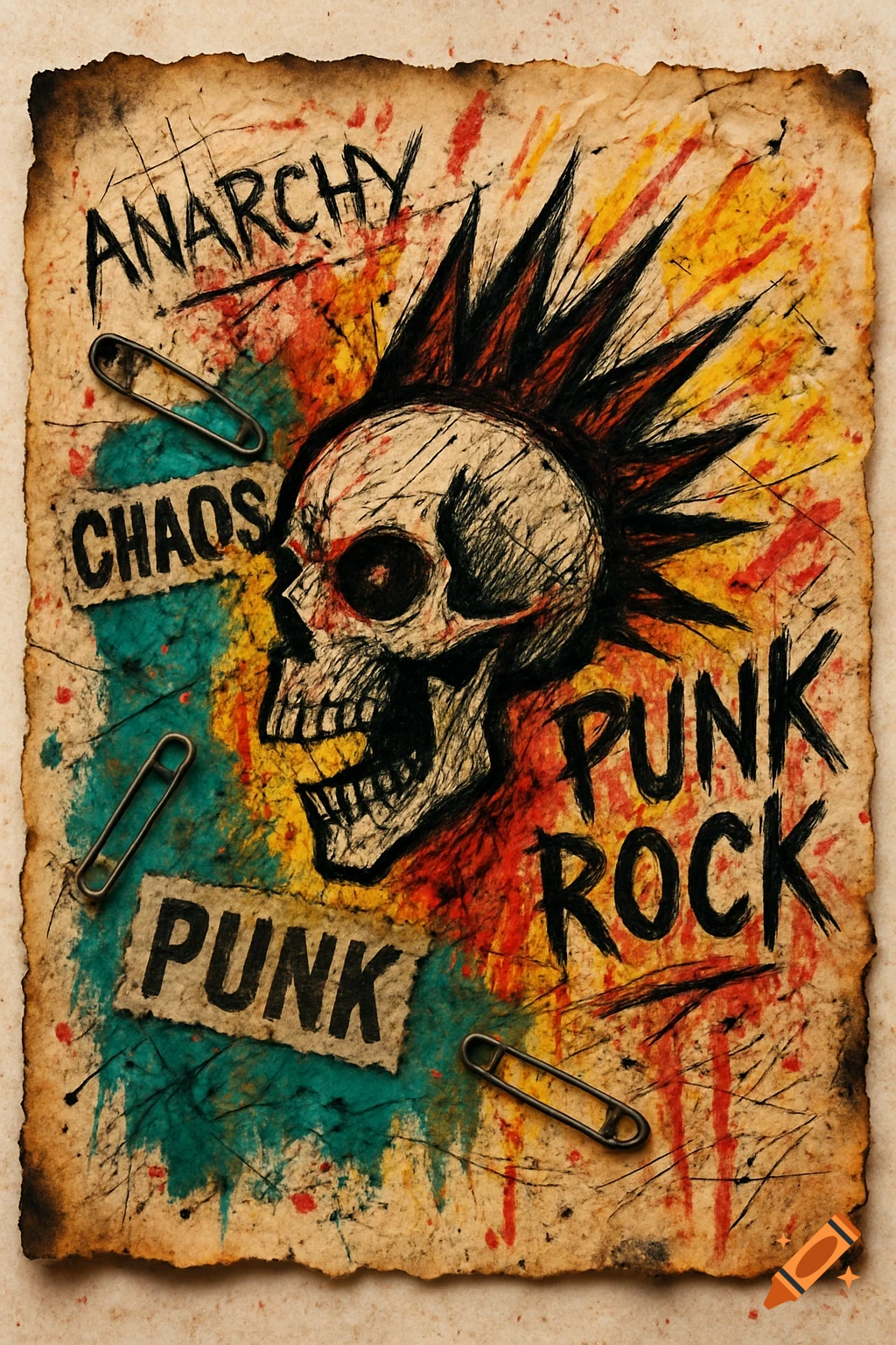 A messy drawing of a skull with a mohawk and safety pins on burnt paper, with paint splatters and text "ANARCHY", "CHAOS", "PUNK ROCK", "PUNK".