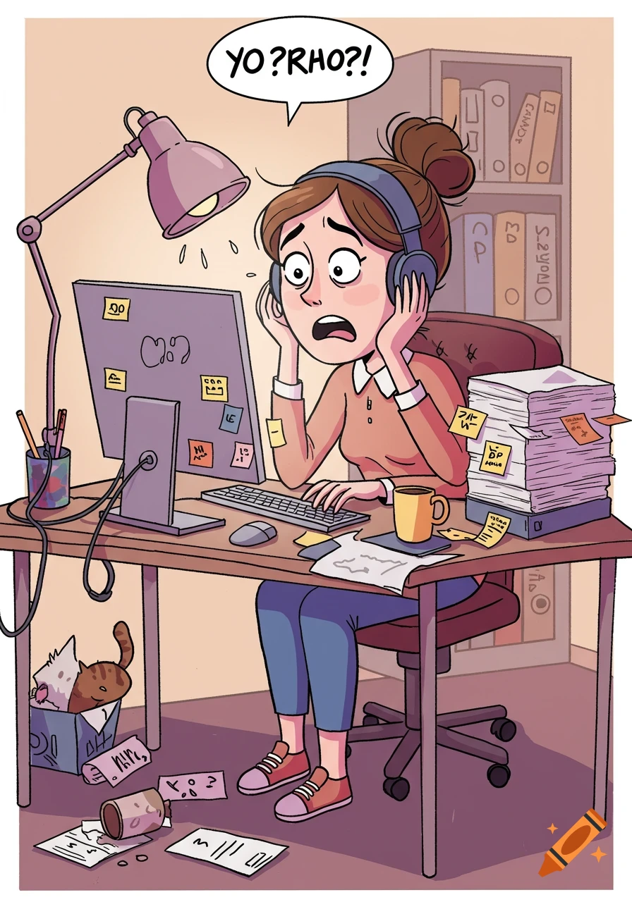 A cartoon illustration of a distressed woman with headphones, looking at a computer screen covered in sticky notes. She is sitting at a messy desk with piles of paper and a cat in a box under the desk. A speech bubble above her head says "YO?RHO?!"