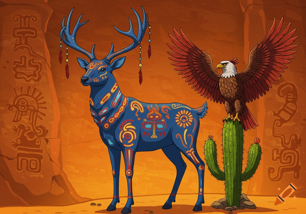 A blue deer with colorful patterns and feathers, an eagle on a cactus, and ancient-style rock carvings in a desert.