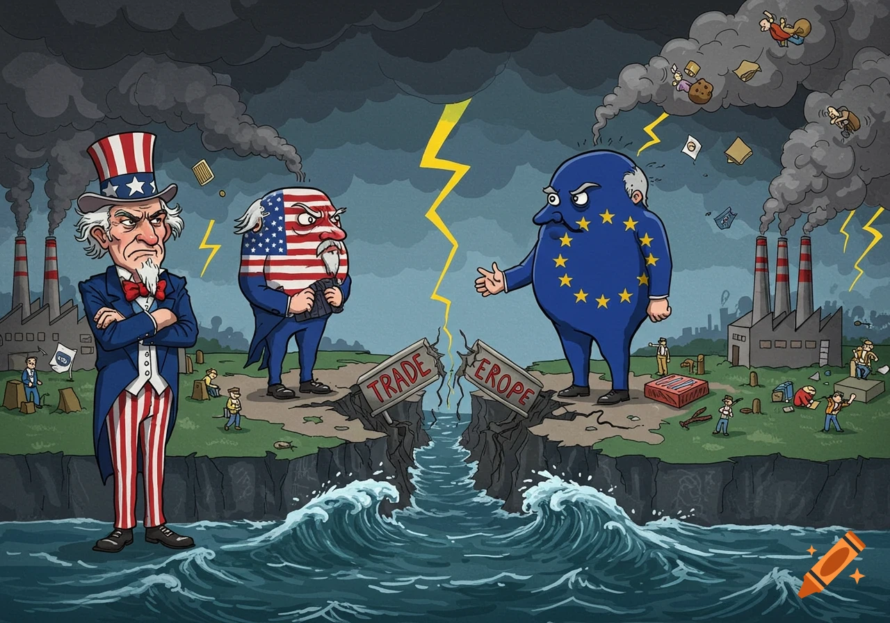 Political cartoon depicting Uncle Sam and a US flag character facing an EU character across a chasm, signifying a trade dispute.