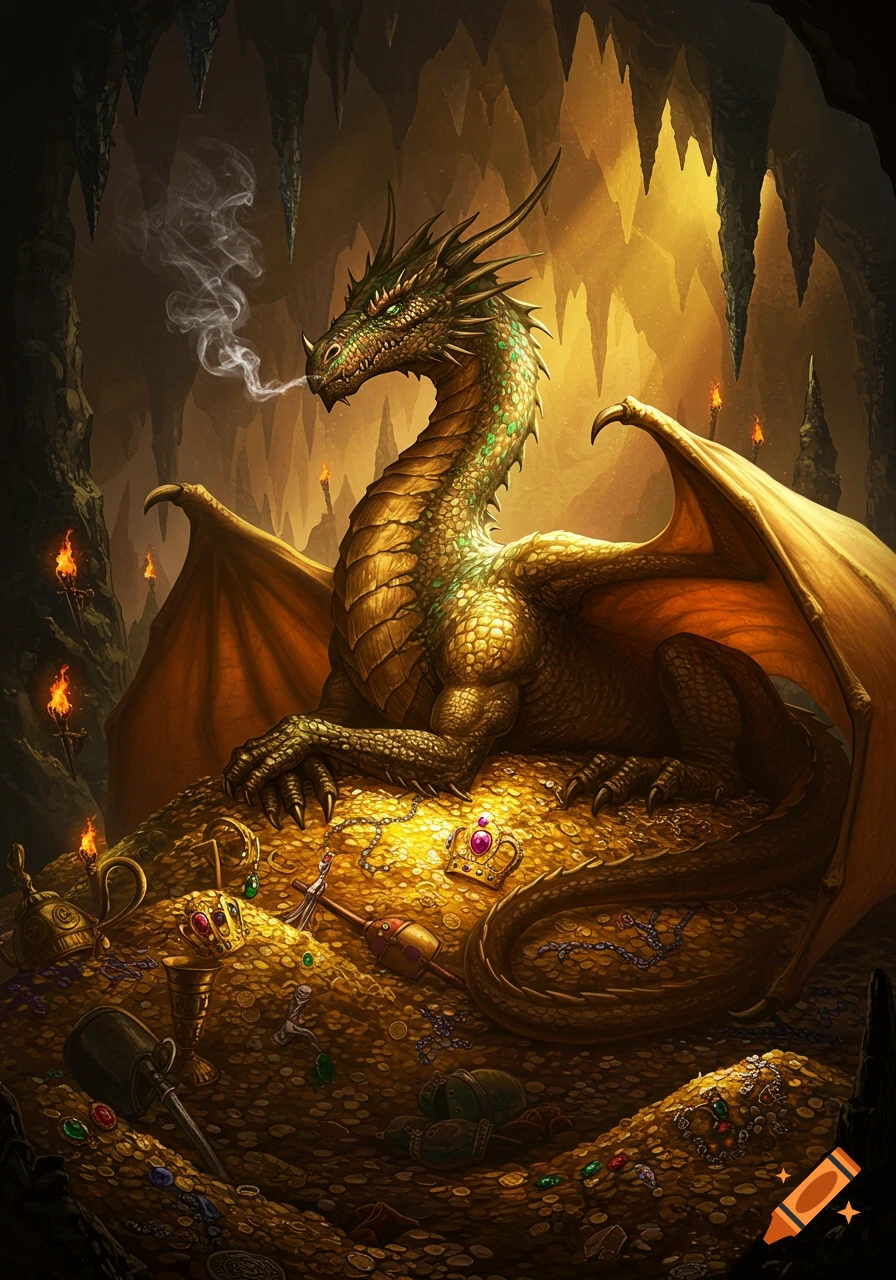 A large green and gold dragon lies on a massive pile of gold coins and jewels in a torchlit cave, exhaling smoke.