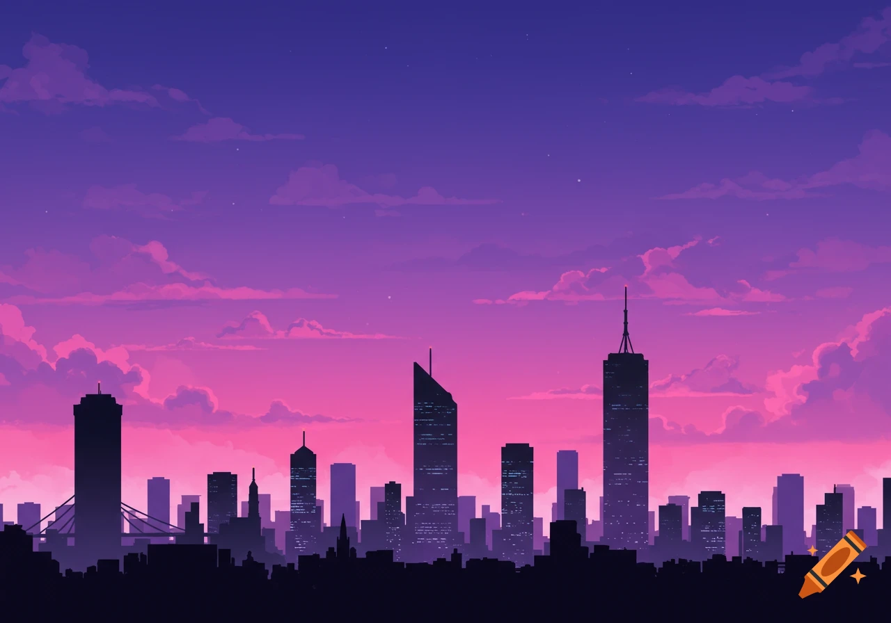 A stylized cityscape silhouette against a vibrant purple and pink sunset sky with clouds.