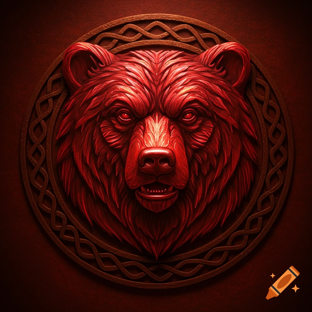A richly textured red bear head sigil with glowing eyes, surrounded by an intricate Celtic knot-like pattern, all embossed on a dark red surface.