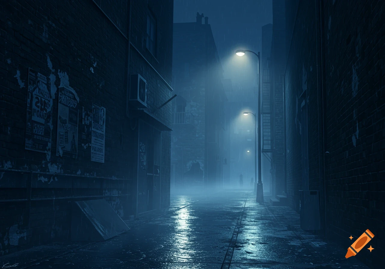 A dark, rainy city alley at night with glowing street lamps and wet reflections on the pavement.