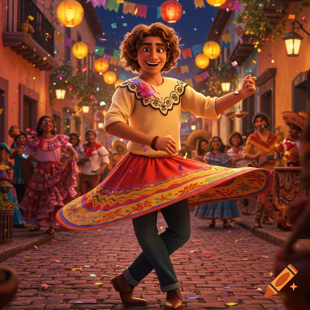 An animated character, similar to Camilo from Encanto, dances in a festive, confetti-strewn street scene with colorful lanterns.
