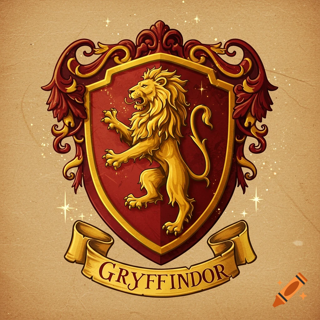 A stylized illustration of the Gryffindor crest, featuring a golden lion on a red shield with ornate designs and a banner reading 'Gryffindor'.