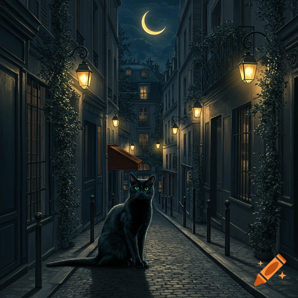 A black cat with glowing green eyes sits on a cobblestone street in a narrow, lantern-lit alley at night under a crescent moon.