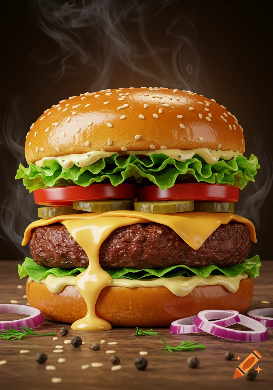A mouth-watering, perfectly layered hamburger with melting cheese, lettuce, tomato, pickles, and red onion rings, steaming hot on a wooden surface.