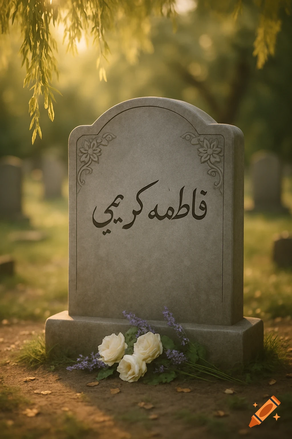 A gray tombstone with Arabic text "فاطمه کریمی" stands in a sunny cemetery, adorned with white roses and lavender.