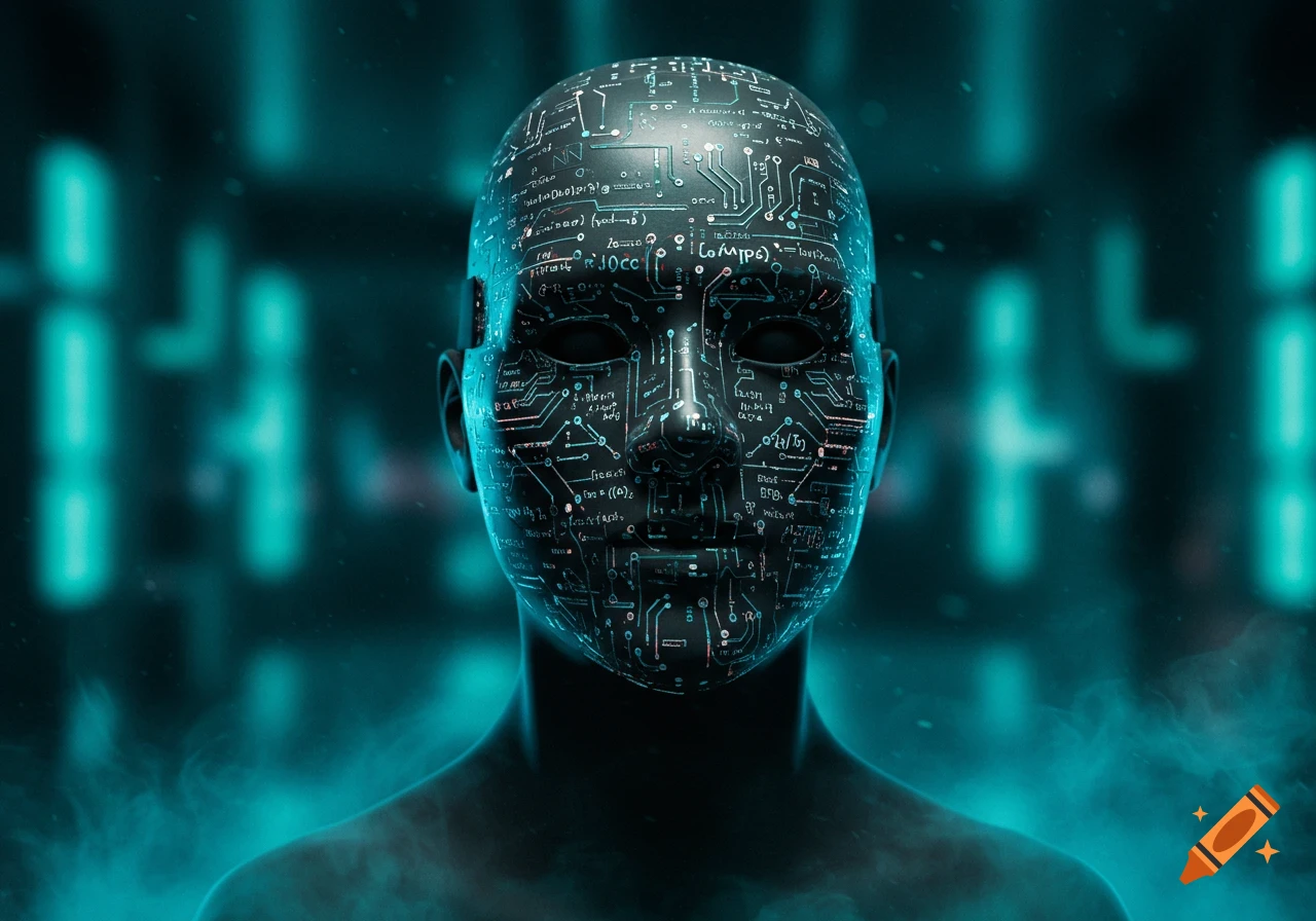 A dark, human-like head with a face covered in intricate, glowing circuit board patterns against a blurry teal background with digital mist.
