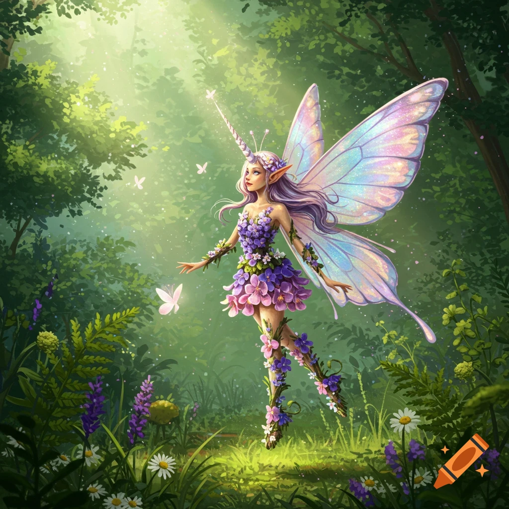 A vibrant fantasy illustration of a fairy with a unicorn horn, iridescent butterfly wings, and a flower outfit, standing in a sunlit magical forest.