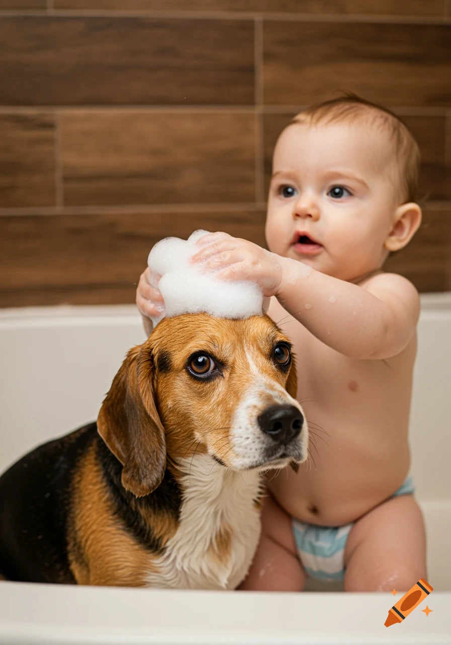 A baby in a bathtub puts foam on a beagle dog's head against a tiled wall in a photorealistic style.
