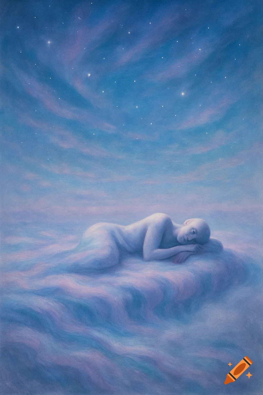 A nude, serene figure lies curled on a fluffy cloud, gazing up at a starry, cloudy blue and purple night sky in a dreamlike painting.