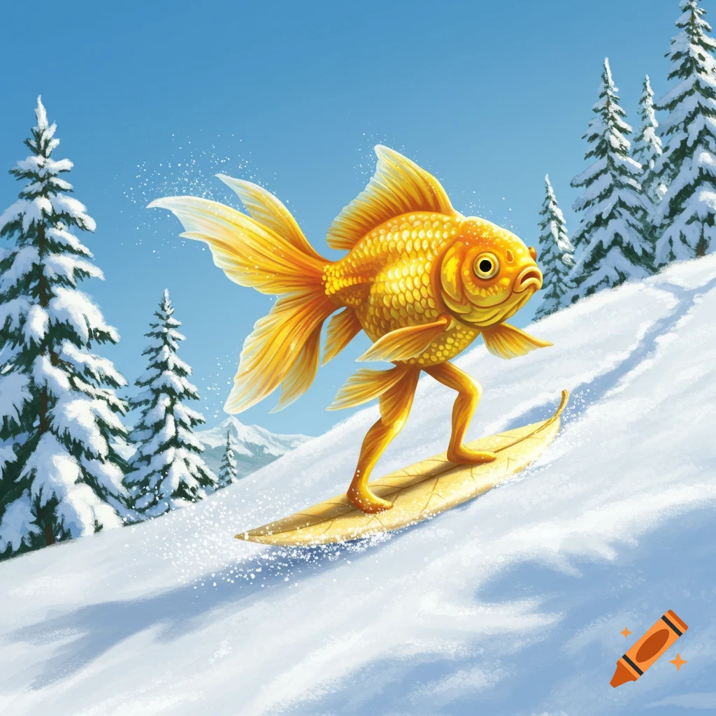 A whimsical goldfish with human-like legs snowboards down a snowy hill on a leaf, surrounded by snow-covered pine trees under a clear blue sky.