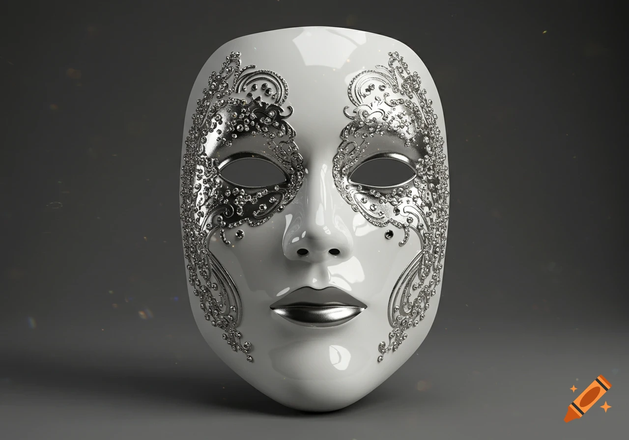 A glossy white luxury face mask decorated with intricate silver filigree and fake diamonds, with metallic silver lips and eye openings, against a dark grey background.