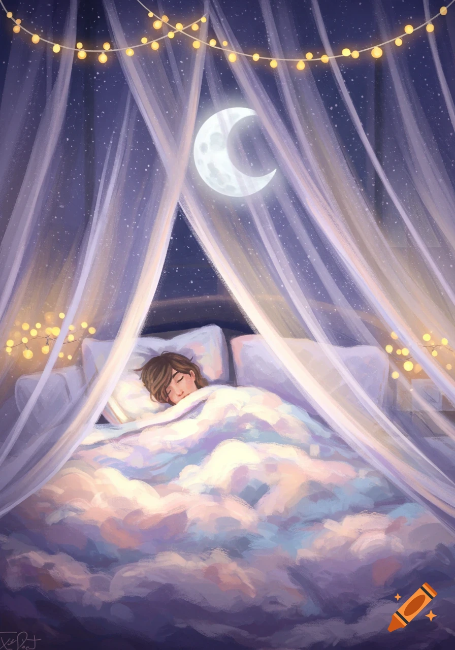 A whimsical illustration of a person sleeping peacefully in a bed with flowing white curtains, string lights, and a crescent moon.