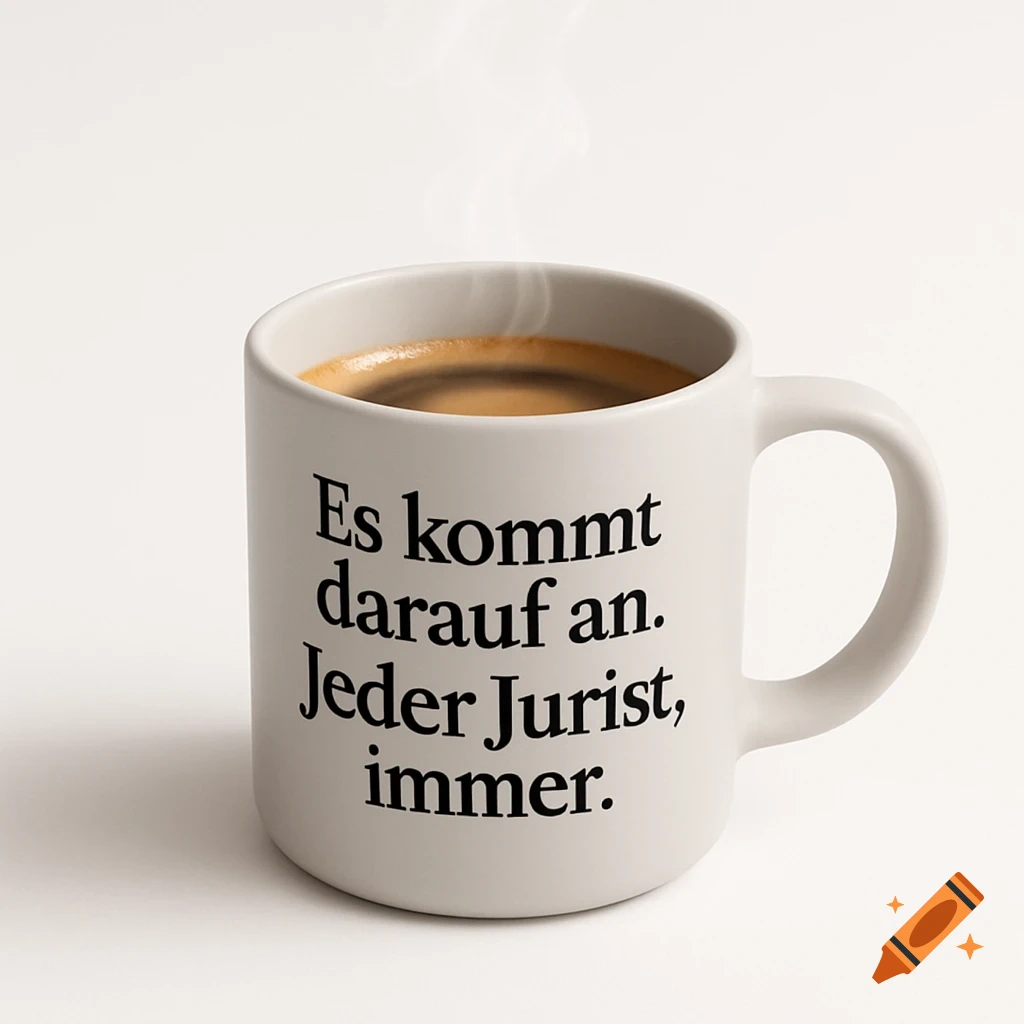 A white coffee mug with German text 'Es kommt darauf an. Jeder Jurist, immer.', filled with steaming coffee, on a white background.