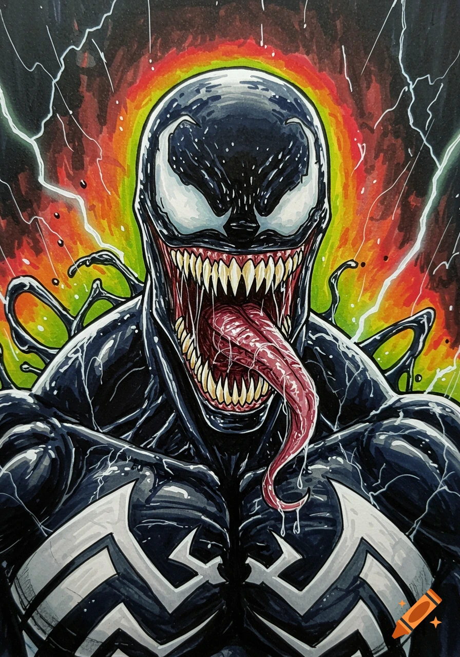 Close-up comic art of Marvel's Venom with fangs and long tongue, against a fiery, lightning background.