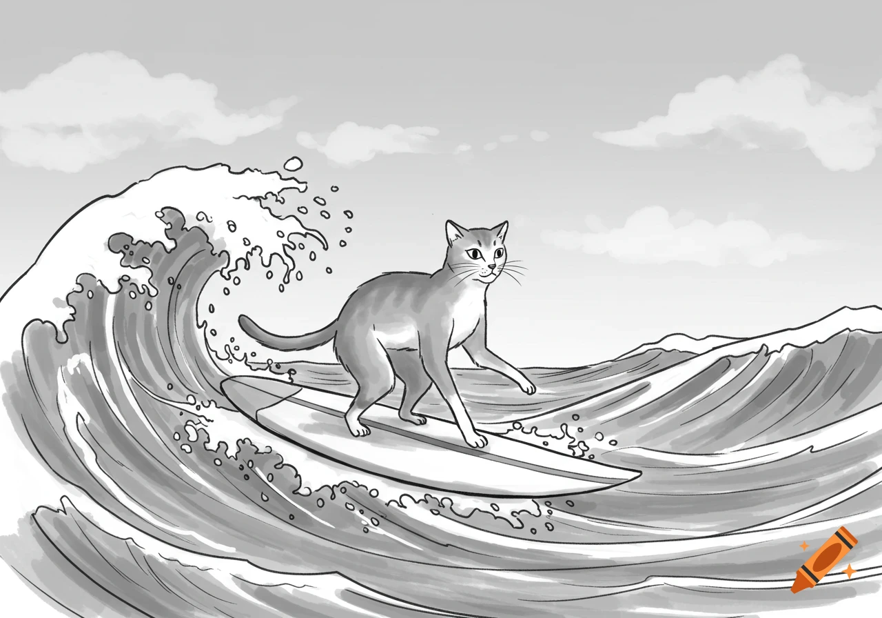 A grayscale illustration of a cat standing on a surfboard, riding a large wave in a sumi ink style.