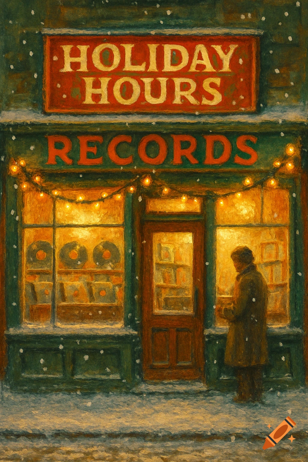Painting of a snowy record store at night, decorated with holiday lights, glowing windows, and a person looking inside.