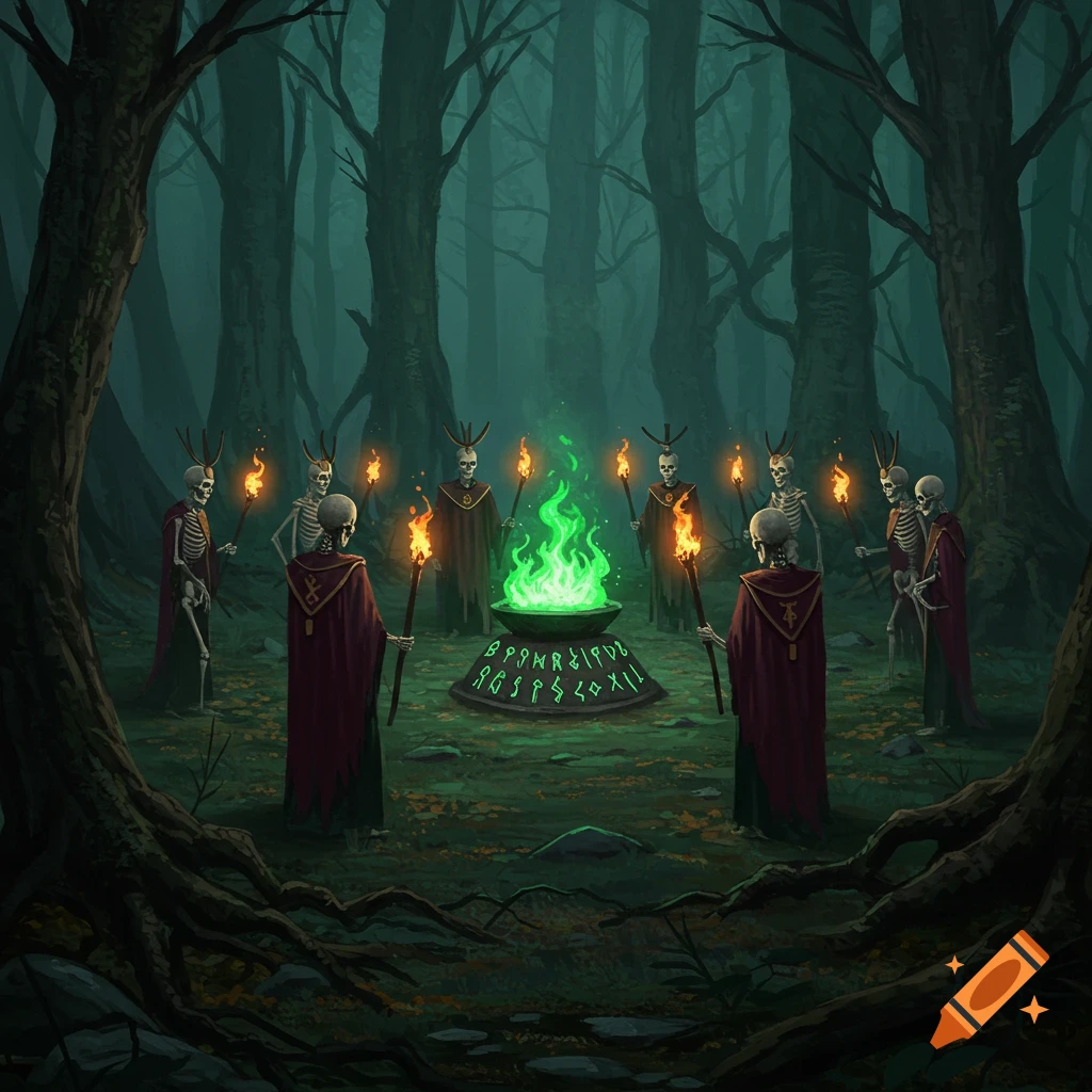 Skeletons in robes holding torches perform a ritual around a cauldron with green fire in a dark, ancient forest.