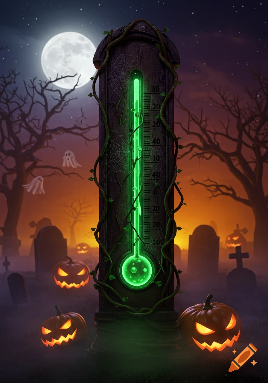 A spooky Halloween scene with a large, vine-covered thermometer glowing green in a graveyard, surrounded by lit jack-o'-lanterns and flying ghosts under a full moon.
