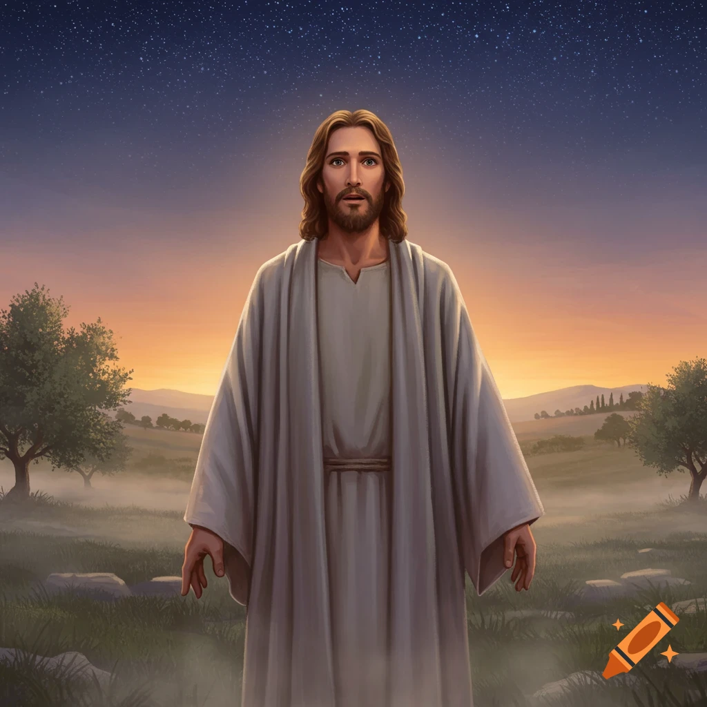 Stylized painting of Jesus with long hair and a beard, wearing a light robe, standing in a misty field under a starry twilight sky.