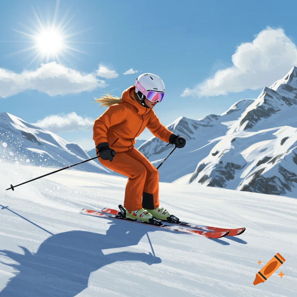 A female skier in an orange ski suit and white helmet with a pink visor skis down a snowy mountain under a bright sun and blue sky.