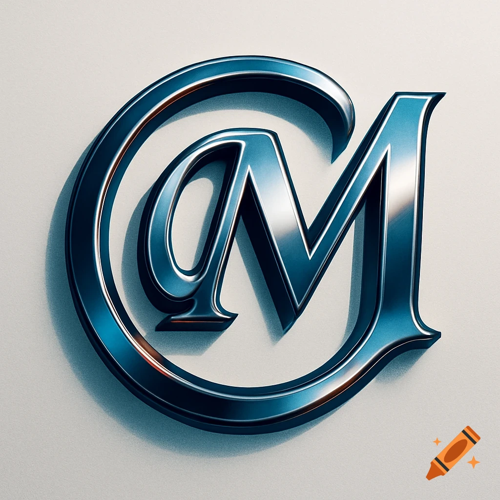 A shiny, metallic blue-grey combination of the '@' symbol and the letter 'M' on a light background.