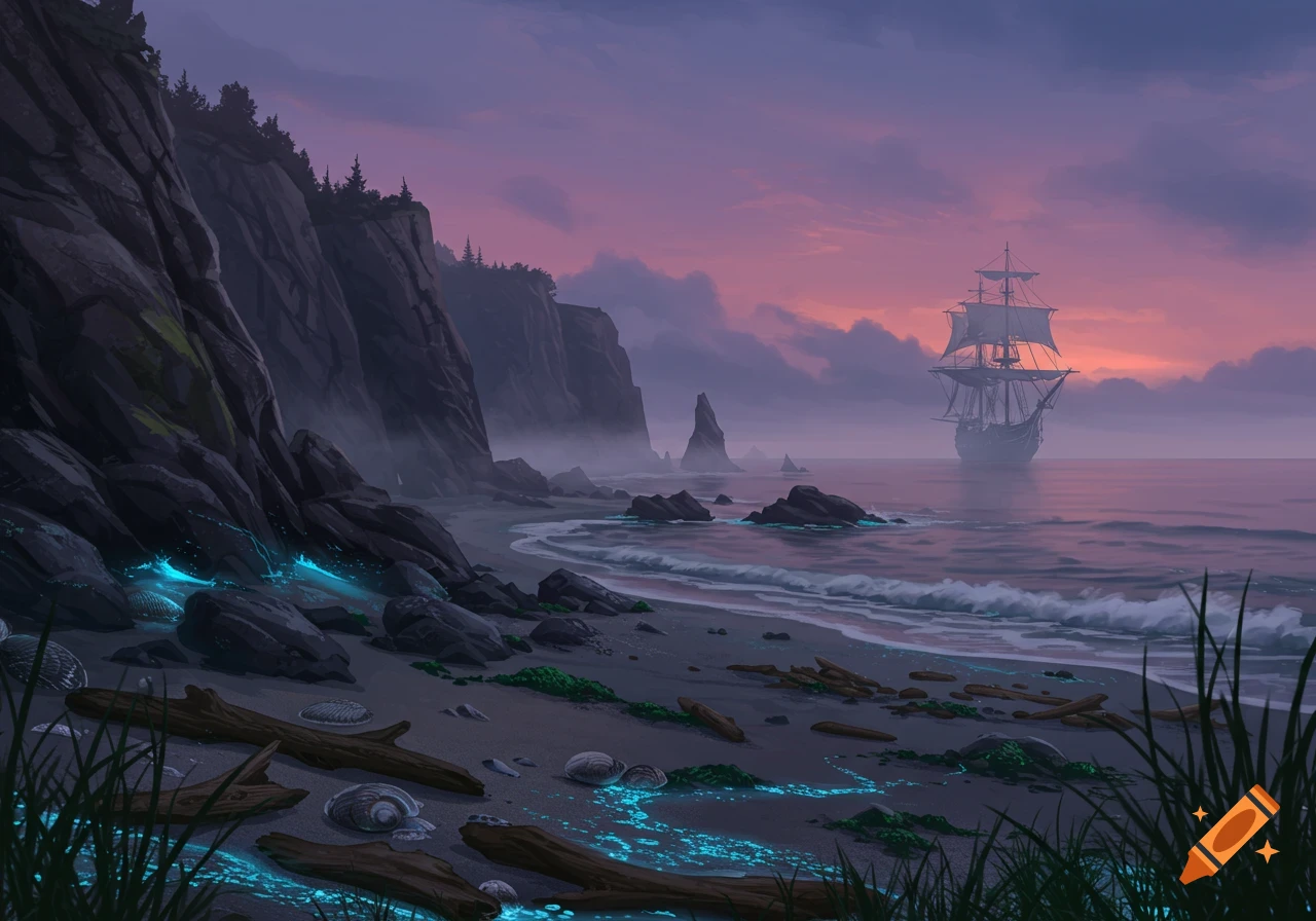 A mysterious fantasy seascape with a tall ship on the horizon, bioluminescent water on a rocky beach, and dark cliffs under a purple sunset.