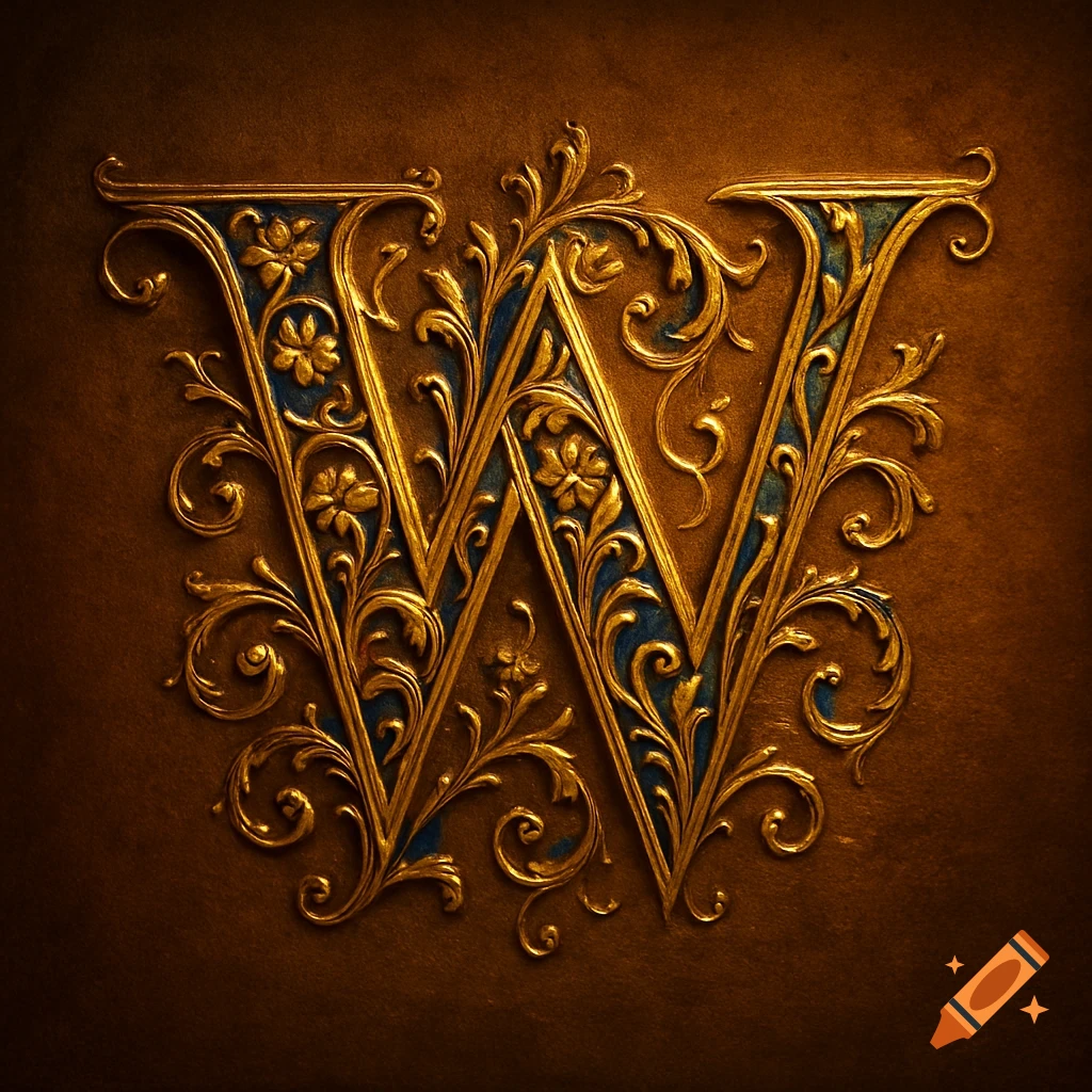 An ornate, gilded, and illuminated capital letter W with medieval scrollwork and floral designs on a dark background.