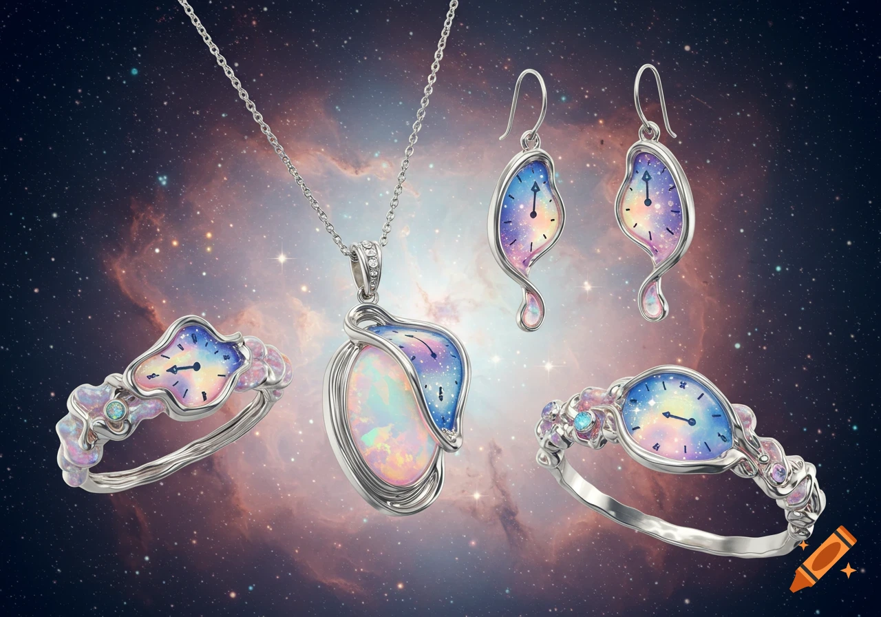 Dreamcore-inspired jewelry set featuring silver necklace, earrings, and rings with melting clock faces and opalescent stones against a vibrant galaxy background.