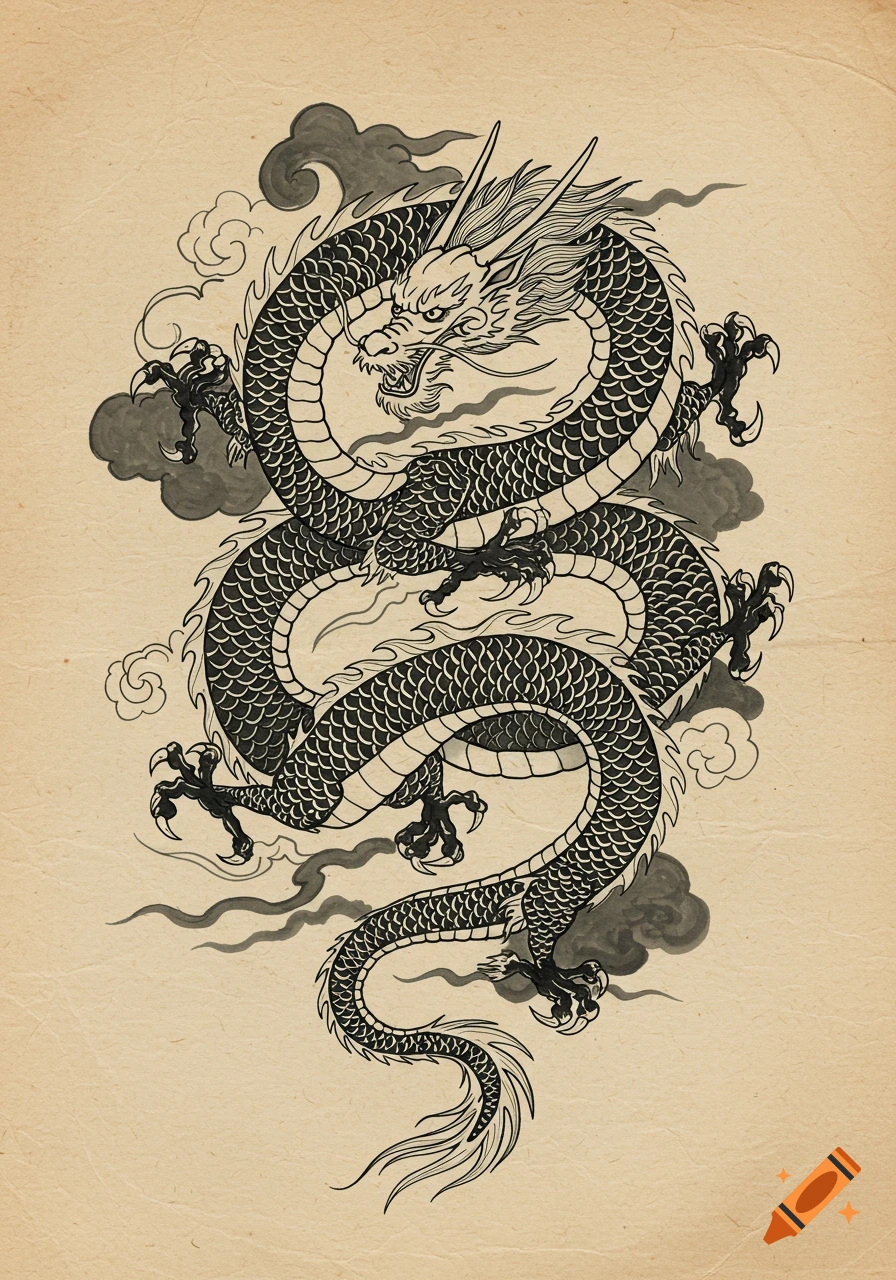 A black ink drawing of a coiled Chinese dragon surrounded by clouds on textured beige paper.