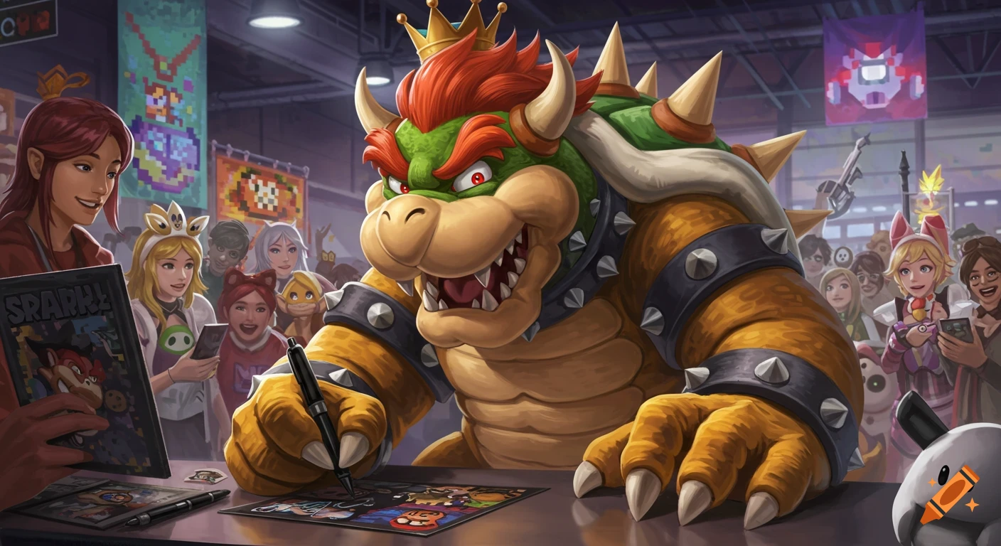Bowser, wearing a crown, signing autographs at a bustling video game convention for smiling fans.
