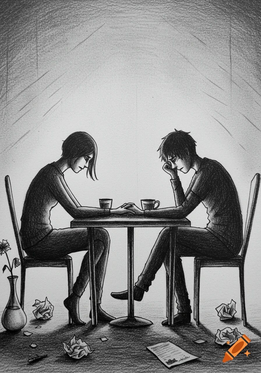 A black and white pencil drawing of a sad couple holding hands across a table, surrounded by crumpled papers.