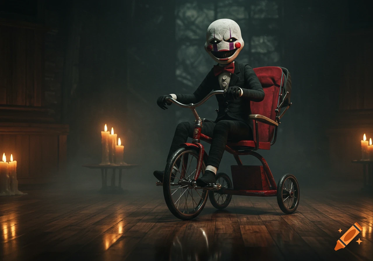 A creepy puppet in a suit with a white face and red marks rides a small red tricycle in a dark, candlelit room. Photorealistic style.