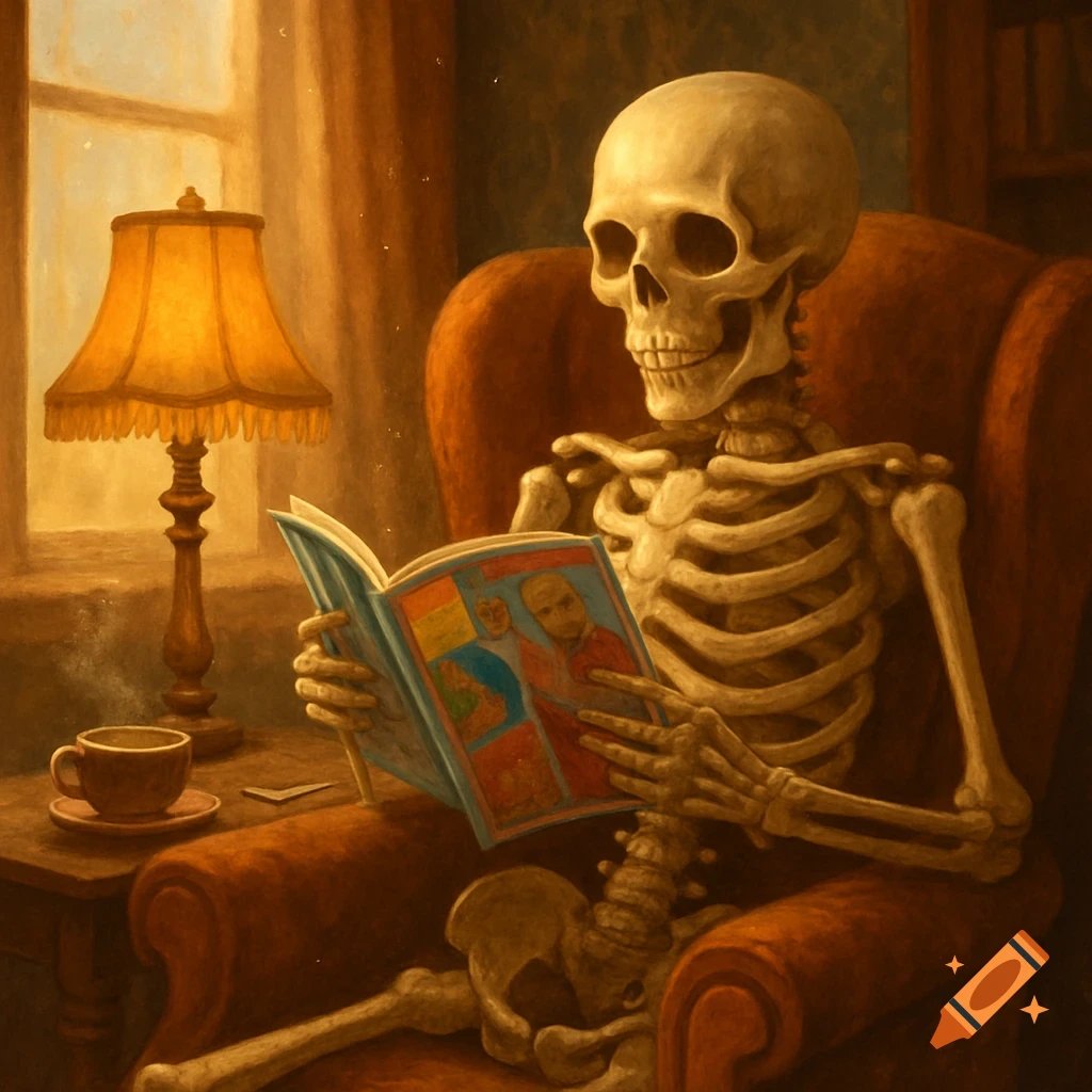 A skeleton sits in a red armchair, reading a magazine by a lamp with a teacup nearby, in a warm, painterly style.