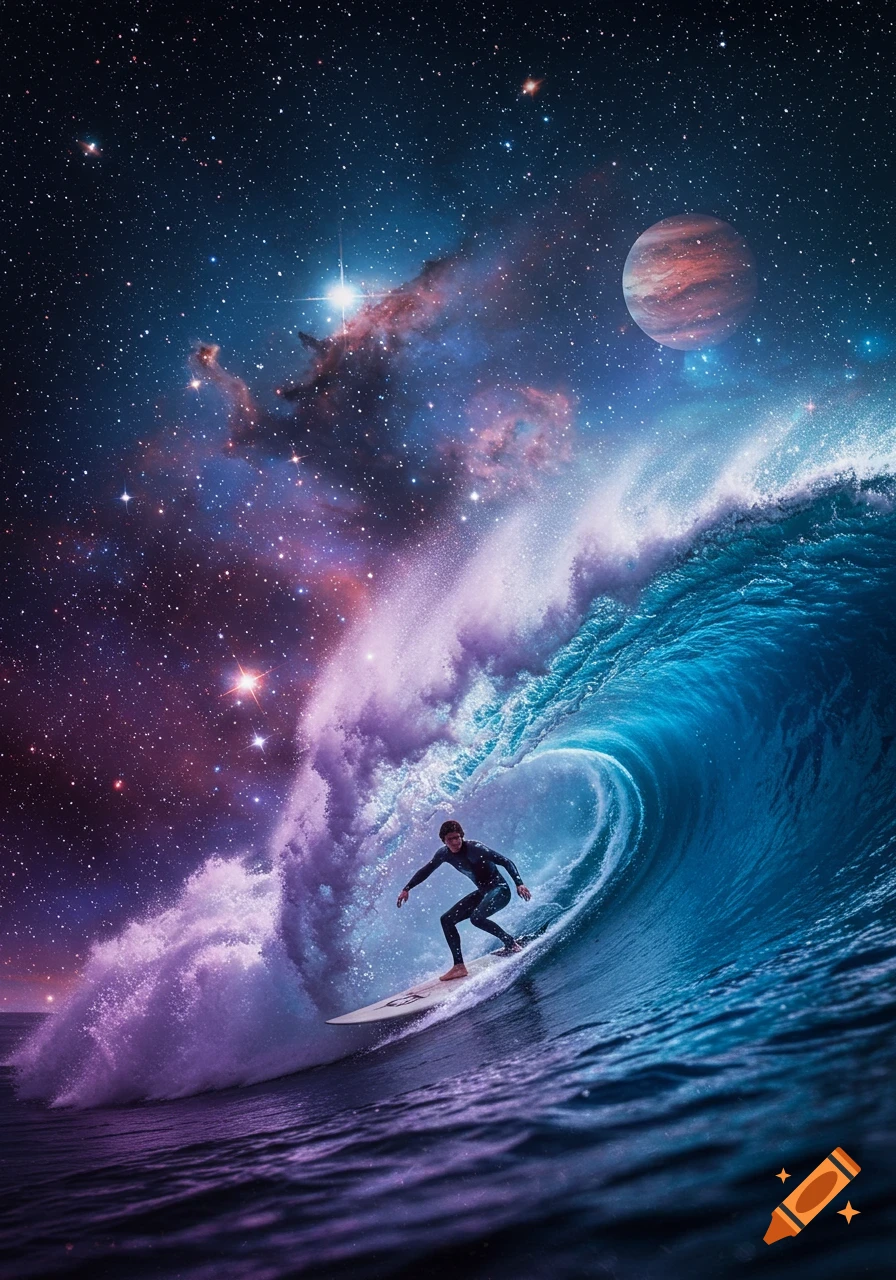 A person surfs a large blue and purple wave under a vibrant starry cosmic sky with a planet, in a surreal photorealistic style.