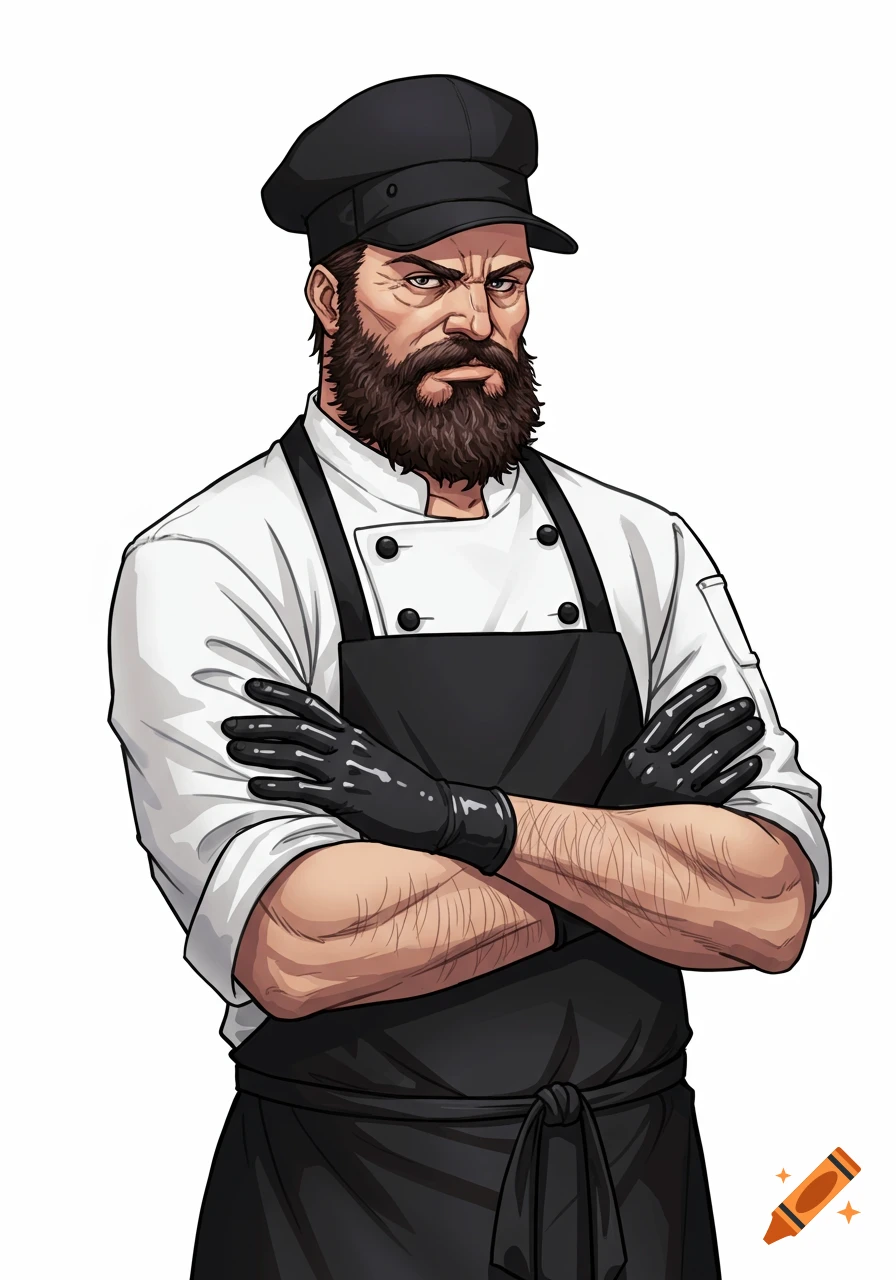A manga-style illustration of a stern bearded chef wearing a black cap, white jacket, black apron, and black latex gloves, with arms crossed.