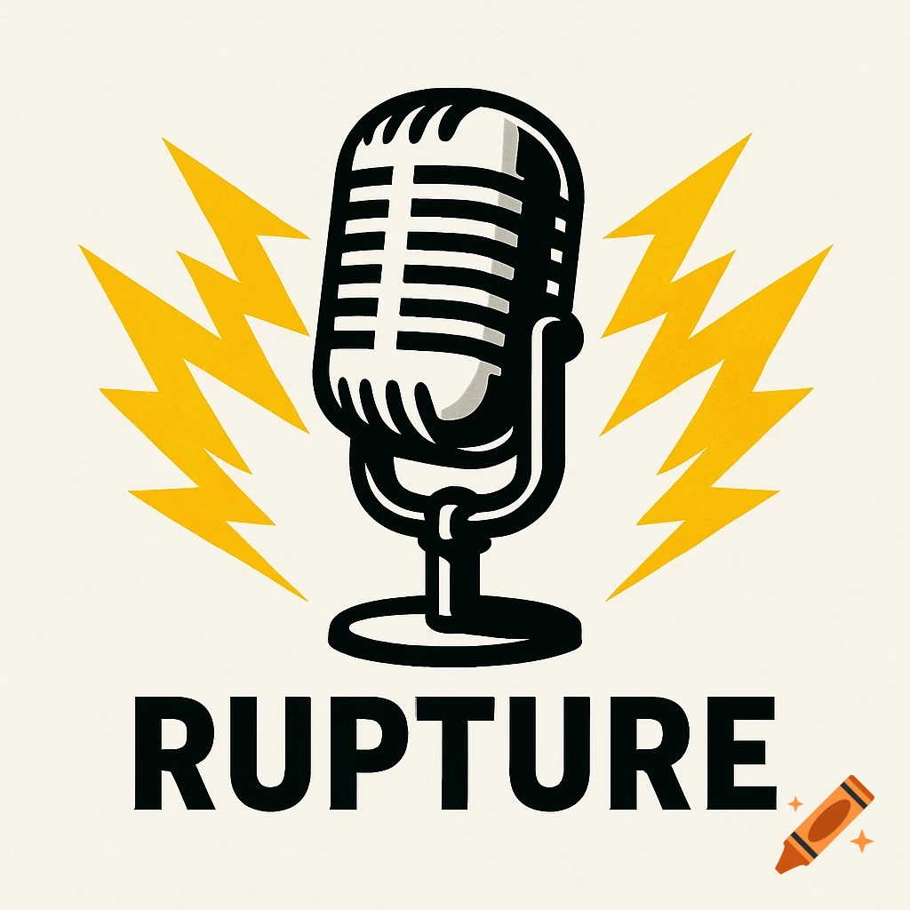 A bold logo featuring a stylized black and white microphone with yellow lightning bolts, and the word 'RUPTURE' below.