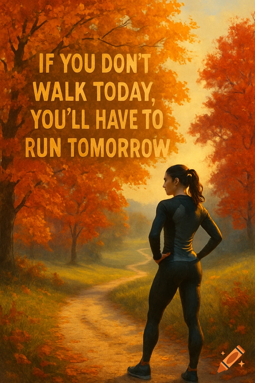 A woman in black athletic wear stands on a winding path in an autumn forest with orange trees, under a motivational quote.