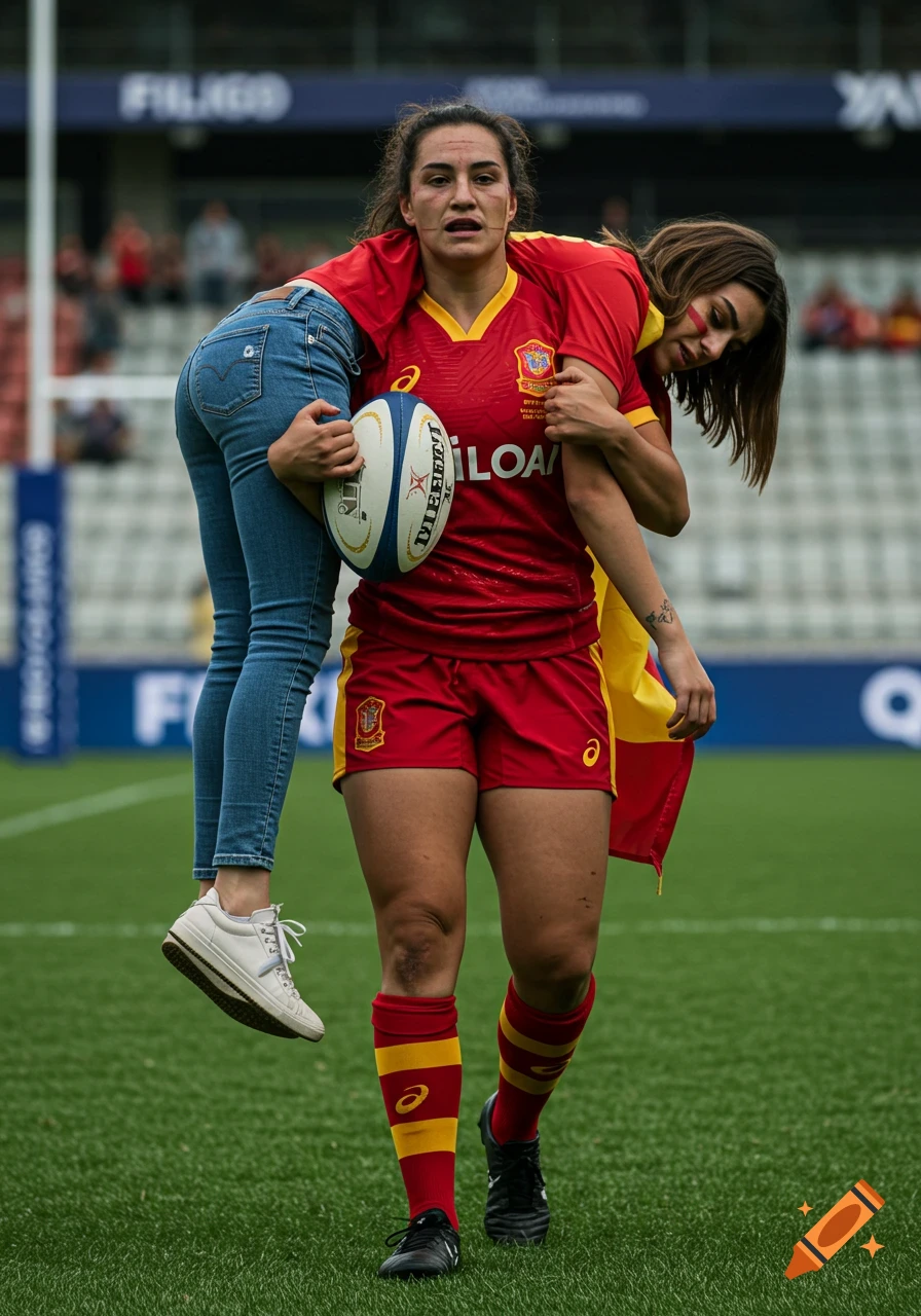 A female rugby player in a red and yellow uniform carries another woman on her shoulders on a green rugby field after a match. The carried woman wears jeans.