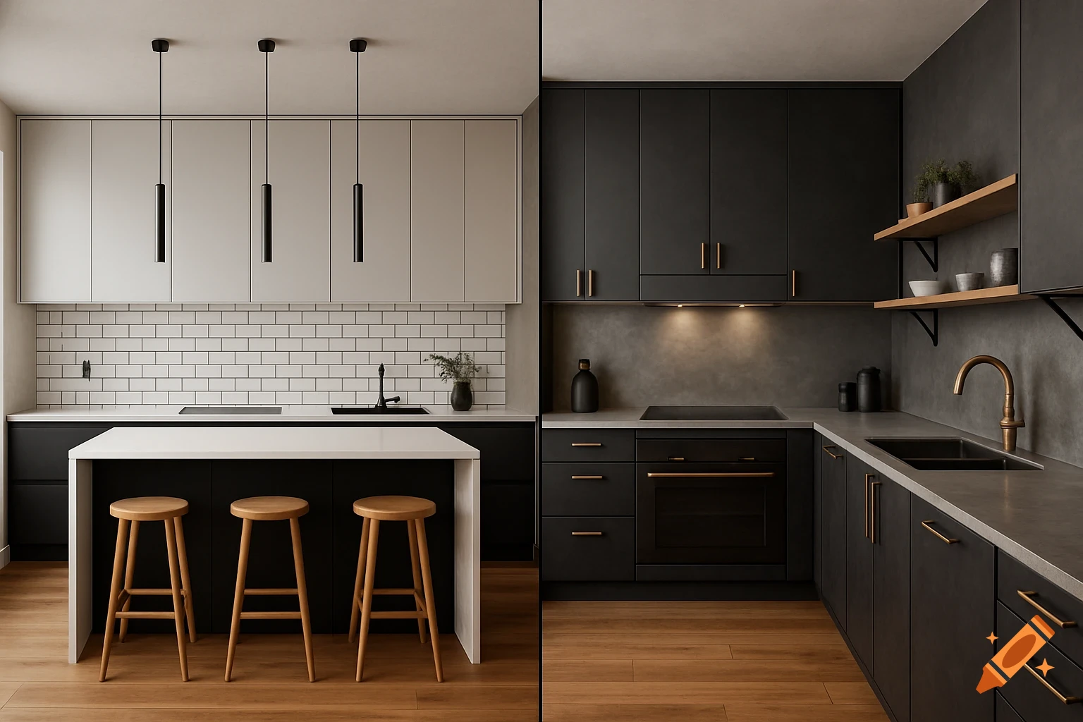 Two modern kitchen designs side-by-side: one white and black with wood stools, the other dark grey with brass accents.
