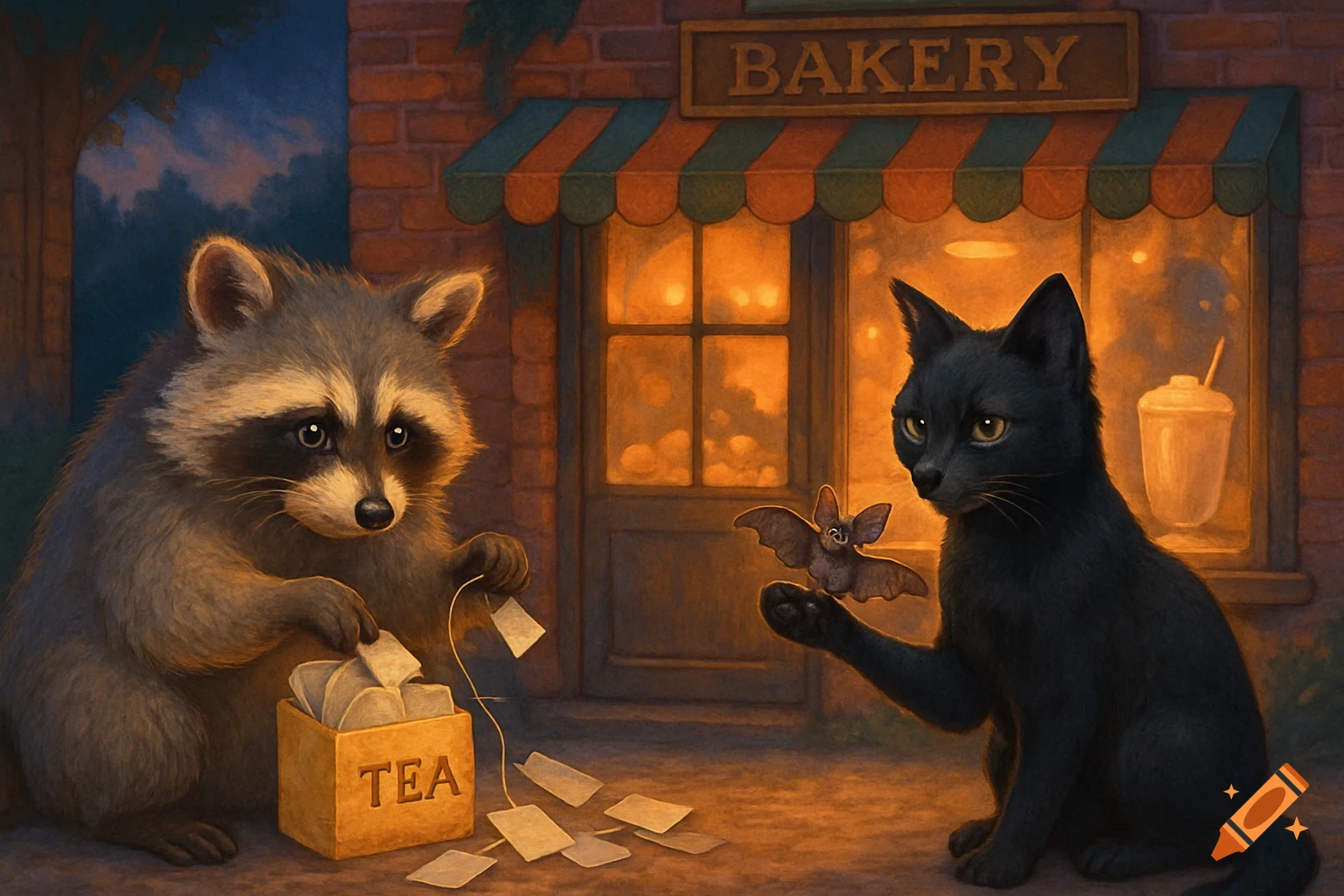 A raccoon opens a tea box next to a black cat holding a bat, in front of a glowing bakery at dusk, painterly style.