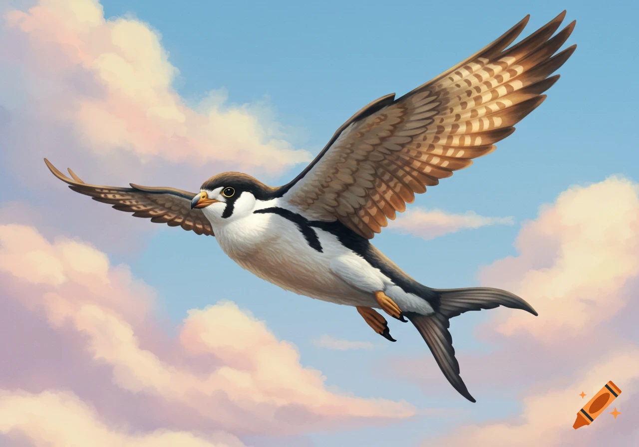 A fictional bird-like creature with falcon wings and a penguin face flies in a blue sky with pink and white clouds. It has a white chest with black markings and a brown back and wings.