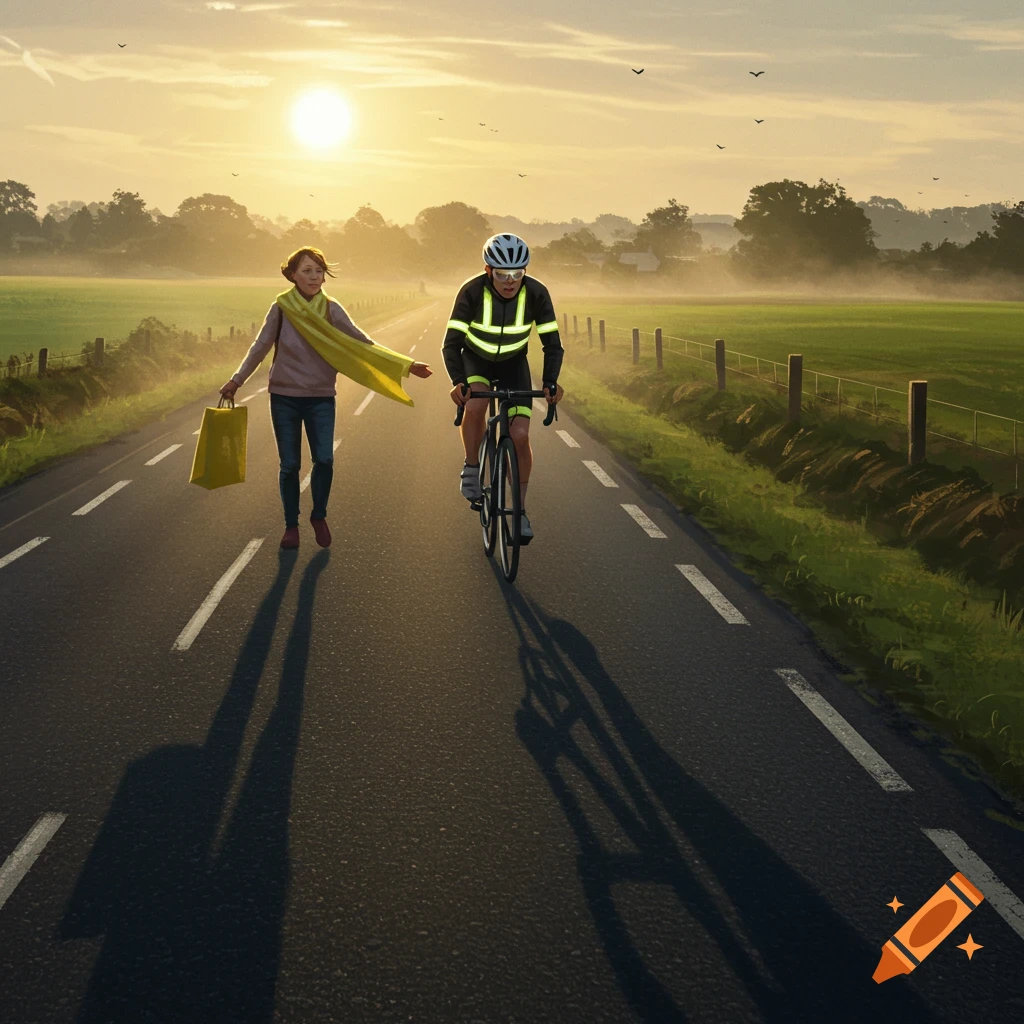 A woman carrying a yellow bag walks beside a cyclist on a rural road at sunrise with long shadows.