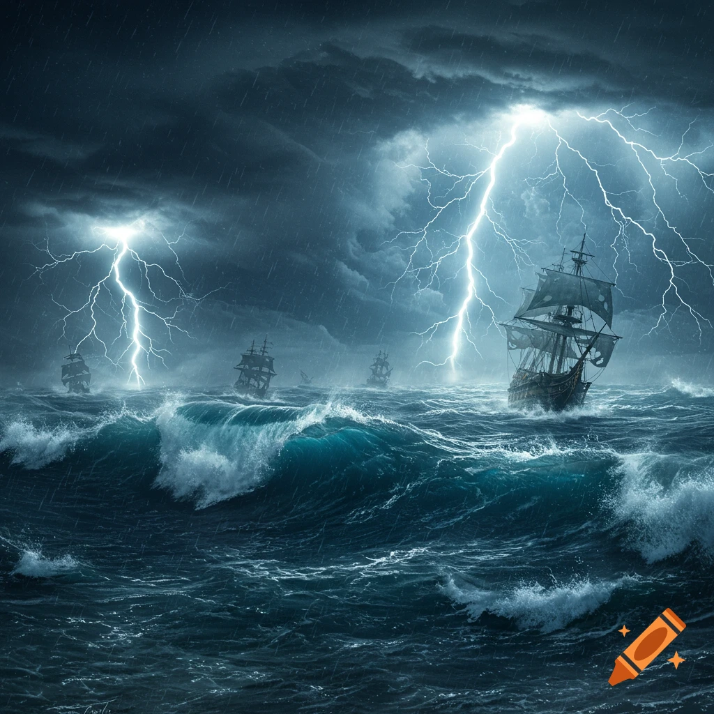 Several sailing ships on a dark, stormy sea with large waves and bright lightning strikes.