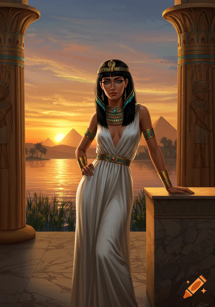 An elegant woman in ancient Egyptian attire and jewelry stands by a river at sunset, with pyramids and pillars in the background, in an art style.