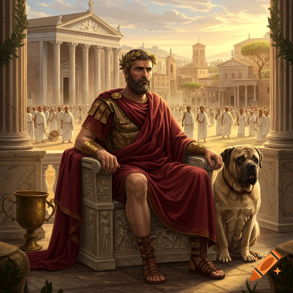 A Roman emperor with a laurel wreath sits on a throne next to a large dog in an ancient city with classical architecture.